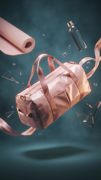 A shiny metallic pink duffel bag floating in mid-air, surrounded by floating props including a rolled pink mat, a clear bottle, and geometric shards, against a dark teal background.